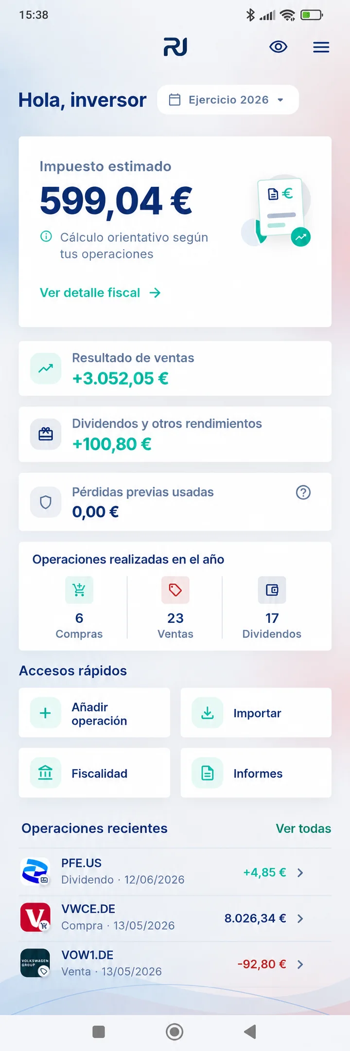 Pantalla real del resumen anual con resultados y estimación fiscal