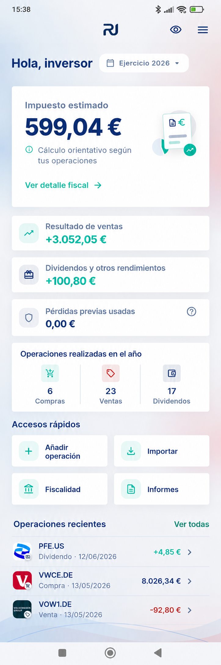 Captura real de Renta Inversor: resumen del ejercicio, impuesto estimado, resultados y operaciones